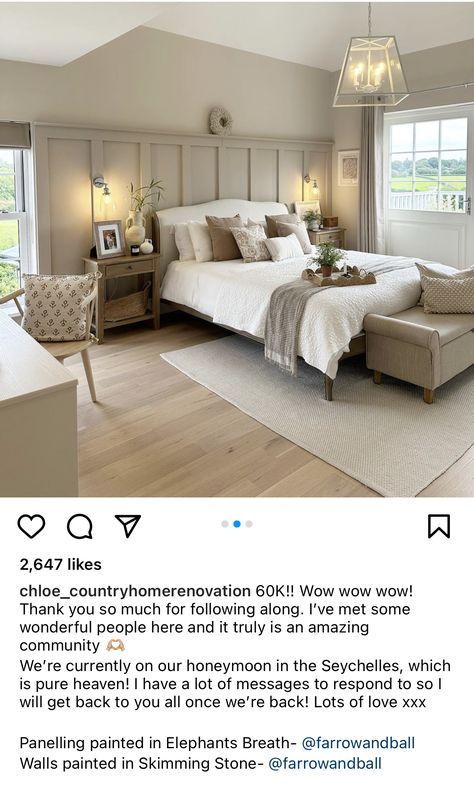 Cotswold Company Bedrooms, Farrow And Ball Bedroom Panelling, Egyptian Cotton Paint Bedroom, Panelled Walls Bedroom Neutral, Natural Bedroom Panelling, Elephants Breath Panelling Bedroom, Room Inspiration Bedroom Modern Elegant, Egyptian Cotton Panelling Bedroom, Neutral Bedroom Panelling Wall