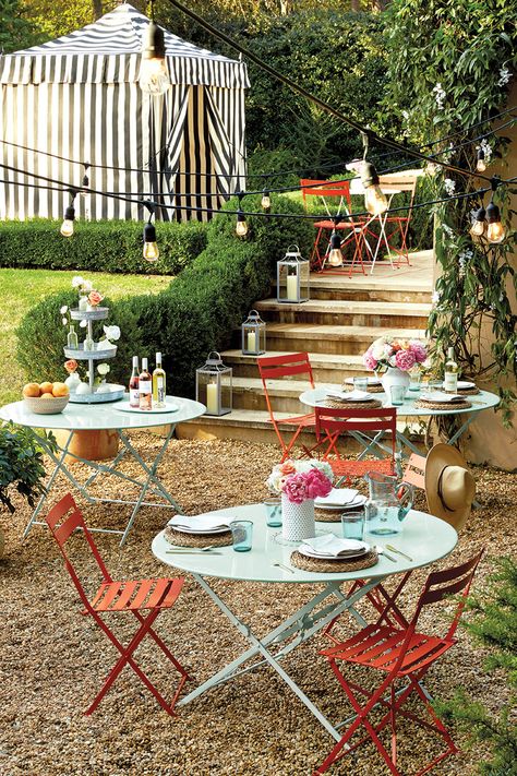 Cafe folding table and chairs are the perfect way to add groupings of seating to your backyard. We love the way these create that European feel, but in fun colors that feel like Summer! Backyard Cafe, Cafe Seating, Restaurant Seating, Cottage Style Decor, Outdoor Cafe, Garden Cafe, Outdoor Restaurant, Blue Table, Cafe Tables