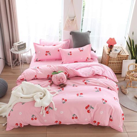 Cute Duvet Covers, Cherry Pattern, Pink Duvet Cover, King Size Duvet Covers, King Size Duvet, Pink Home Decor, Red Cherry, Girl Beds, Soft Bedding