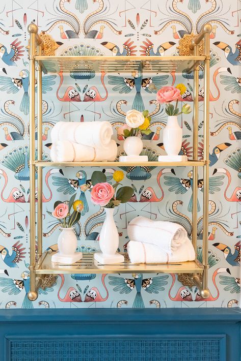 Be Our Guest!! A Guest Bathroom that is fun and funky! – Ohsojo Blue Bathroom Wallpaper, Blue Wallpaper Ideas, Was It Worth It, Dream Bath, Gorgeous Tile, Be Our Guest, Bold Wallpaper, New Bathroom, Tropical Wallpaper