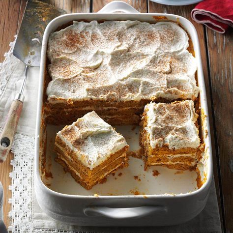 Pumpkin isn’t only for pies. Now you can take the classic fall vegetable and enjoy it in a tiramisu-style dessert. I promise after one bite, you’ll add this recipe to keeper files. —Pam Peters, Fernie, British Columbia Cranberry Spice Cake, Pumpkin Tiramisu, Pumpkin Monkey Bread, Pumpkin Chip, Fun Thanksgiving Desserts, Pumpkin Custard, Potluck Desserts, Pumpkin Scones, Tiramisu Recipe