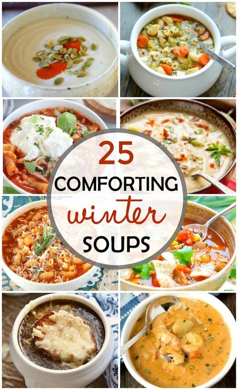 Winter soups are a necessity in the cold weather. Soup is cold weather comfort food, and we're sharing enough soup recipes to keep you warm all winter long. 25 Comforting Winter Soups! #recipes #soup #comfortfood #easy #homemade #slowcooker via @busybakerblog Cold Weather Soup, Cold Weather Comfort Food, Winter Soup Recipe, Cold Weather Food, Winter Comfort Food, Recipes Soup, Comfort Soup, Winter Soups, Winter Dinner