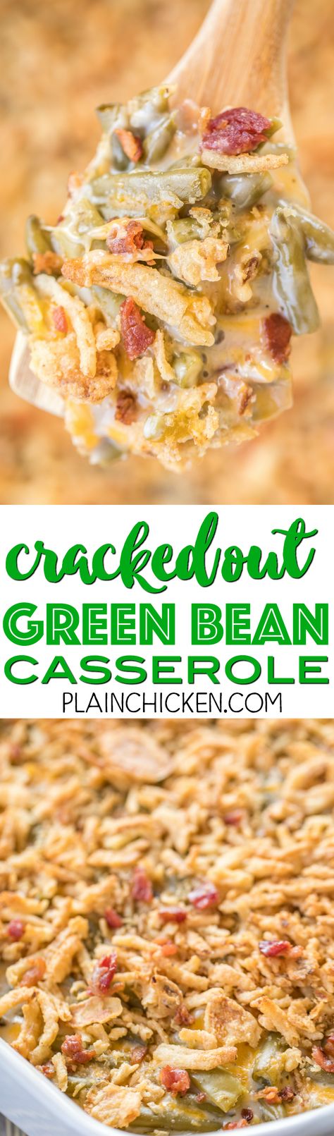 Cracked Out Green Bean Casserole - THE BEST! OMG! SO good! Green bean casserole loaded with cheddar, bacon and ranch! Everyone RAVES about this delicious side dish! Can make ahead and freeze for later. Great for holidays and potlucks! Vegetable Casseroles, Best Green Bean Casserole, Cracked Out, Classic Green Bean Casserole, Sunday Ideas, Cheeseburger Sliders, Greenbean Casserole Recipe, Queso Cheddar, Southern Kitchen