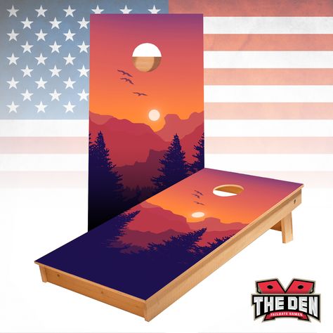 Mountain Cornhole Boards, Cornhole Paint Ideas Design, Corn Hole Boards Designs Paint, Cornhole Boards Designs, Cornhole Designs, Geometric Mountain, Wood Wall Art Diy, Mountain Sunset, Diy Wood Signs