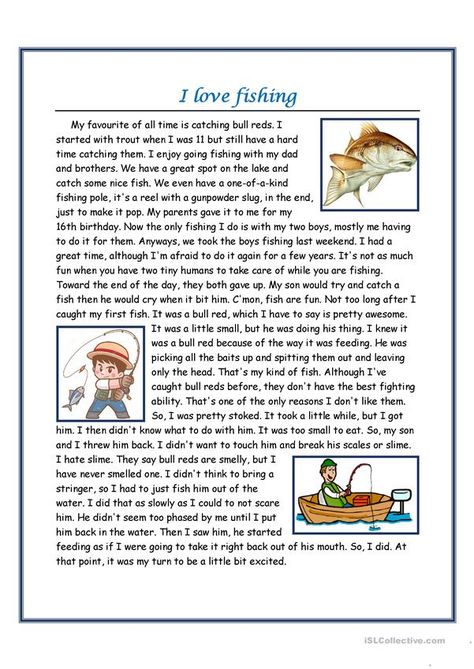 Reading - I love fishing - English ESL Worksheets for distance learning and physical classrooms Fishing Worksheet, English Comprehension, Reading Worksheets, Teaching Jobs, Esl Worksheets, Going Fishing, Reading Skills, Distance Learning, Summer Camp