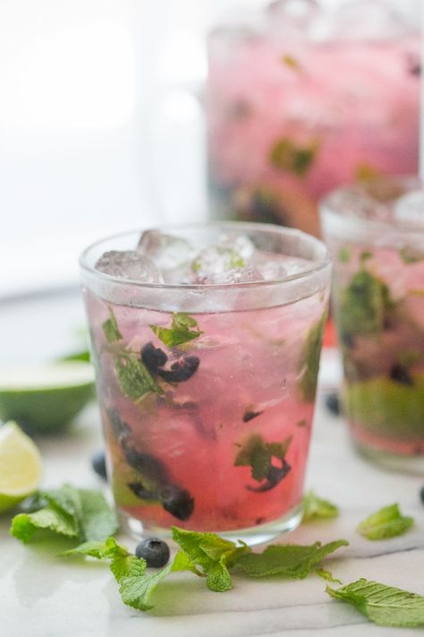 Blueberry Mojito Recipe Pitcher, Blueberry Mojito Pitcher, Mojito Pitcher, Blueberry Mojito Recipe, Types Of Drinks, 40 Aprons, Pitcher Cocktails, Blueberry Mojito, Mojito Mocktail