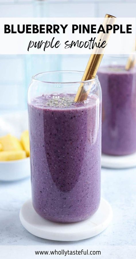 Blueberry Pineapple Smoothie is made with sweet blueberries, juicy pineapple, plant milk and naturally sweetened with banana. This dairy-free and gluten-free smoothie is high in fiber, antioxidants and vitamins and perfect for healthy breakfast or snack. Purple Smoothie Recipes, Blueberry Pineapple Smoothie, Nutritional Smoothie Recipes, Cottage Cheese Smoothie, Purple Smoothie, Healing Smoothie, Gluten Free Smoothie, Pineapple Plant, Vegan Smoothie Bowl