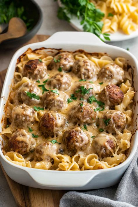 Swedish Meatball Pasta Bake Swedish Noodle Bake, Swedish Meatball Noodle Casserole, Swedish Meatball Noodle Bake Recipe, Swiss Meatballs Recipes Easy, Swedish Meatballs Oven, Swedish Meatball Noodle Bake, Swiss Meatballs, Swedish Meatballs With Egg Noodles, Swedish Meatball Casserole