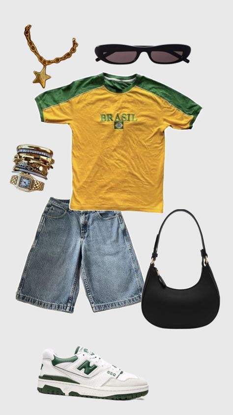 Jorts, baby tee, yellow, medium wash, summer outfits, outfit ideas, long jean shorts, baggy style, style inspo, outfit ideas, New balances, Black purse, Gold Jewelry, Chunky Jewelry New Balances, Long Jean Shorts, Jean Short Outfits, Shorts Outfits Women, Baggy Style, Baggy Shorts, Shoulder Bags For Women, Tote Handbag, Black Purses