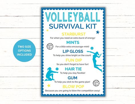 THIS ITEM IS A DIGITAL DOWLOAD, PLEASE NOTE A PHYSICAL PRINT WILL NOT BE MAILED TO YOU  Show the volleyball players in your life some love with this volleyball survival kit.  Fill a bag with the items listed and attach the tags to make a perfect little game day gift, volleyball team gift, team party or end of season gift, or a simple way to treat the special player in your life anytime.   Once ordered, simply download, print and cut to size.  Fill a bag with the survival kit items and either att Volleyball Fire Up Bags, Volleyball Game Day Gifts, Volleyball Gift Bags For Players, Volleyball Team Spirit Ideas, Volleyball Goodie Bag Ideas Team Gifts, Volleyball Goodie Bags, Volleyball Tournament Goodie Bags, Volleyball End Of Season Gifts, Volleyball Gift Bag Ideas