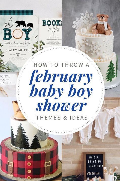 A February baby boy shower inspiration board featuring rustic winter-themed invitations, snowy cake designs, plaid decorations, and a onesie painting station, perfect for a cozy winter baby shower. February Baby Shower Themes, Boy Shower Ideas, Baby Boy Shower Ideas, February Baby Showers, Winter Baby Shower Themes, Cozy Ideas, Painting Station, February Baby, Themes Ideas