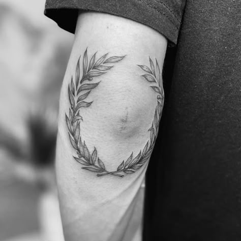 Laurel Wreath Tattoo Elbow, Olive Branch Elbow Tattoo, Angelic Tattoos, Laurel Wreath Tattoo, Tattoo Chart, Nirvana Tattoo, Olive Branch Tattoo, Wreath Tattoo, Remembrance Tattoos