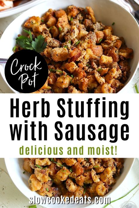 Moist and delicious crockpot stuffing with sausage and herbs is perfect whether it's a weeknight dinner, Sunday supper, or Thanksgiving dinner! This slow cooker stuffing is the perfect side dish and can be prepped ahead - making your holiday meal a breeze. Once cooked, the crockpot works perfectly for keeping your dressing warm and ready to serve. Crock Pot Stuffing Thanksgiving Sausage, Stuffing In Crockpot Thanksgiving, Slow Cooker Thanksgiving Turkey, Sausage Stuffing Crockpot Recipe, Slow Cooker Dressing Stuffing, Thanksgiving Dressing Recipes Crockpot, Stuffing Recipes For Thanksgiving Crockpot, Stuffing Recipes Thanksgiving Crockpot, Crockpot Stuffing Casserole