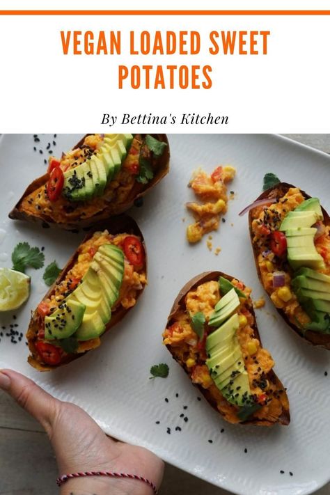 You will not be disappointed by these fully loaded sweet potatoes packed with healthy plant based ingredients! Whether you are looking for a filling breakfast to start the day off right or a comforting filling dinner, this is a great vegan option. These baked sweet potatoes are tasty, versatile and easy to make. A healthy alternative to jacket potatoes! #sweetpotatorecipes #veganloadedpotato #plantbased Vegan Filling, Loaded Sweet Potatoes, Corn Avocado, Plant Based Recipes Dinner, Loaded Sweet Potato, Plant Based Recipes Easy, Plant Based Dinner, Filling Dinner, Healthy Food Blogs