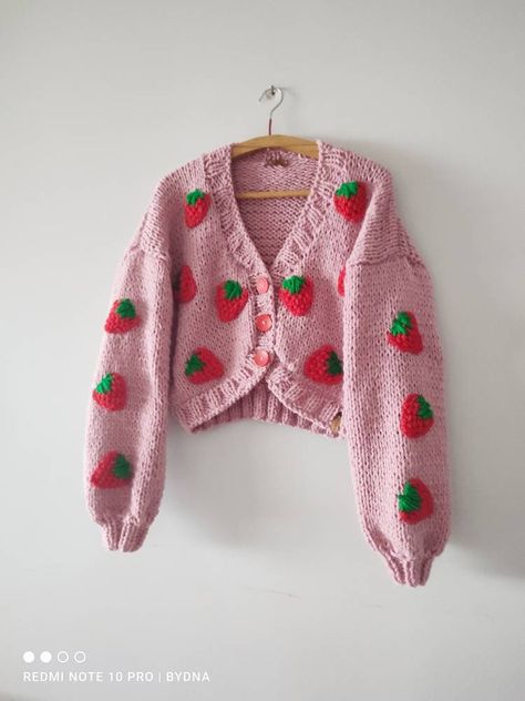 Excited to share the latest addition to my #etsy shop: Pink strawberry cardigan with buttons, cozy wool crop sweater, custom knitted jacket, fashionable cardigans, fruits embroidery cute cardigan https://etsy.me/3VU5bBz Fruits Embroidery, Cropped Sweater Outfit, Strawberry Cardigan, Slytherin Fashion, Cardigan Rosa, Cute Sweater Outfits, Embroidery Cute, Cardigan With Buttons, Heart Cardigan