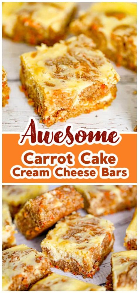 Our Carrot Cake Cream Cheese Bars are the perfect Easter dessert! Cream cheese and carrot cake go hand in hand! Cream Cheese Carrot Cake, Cheesecake Factory Carrot Cake, Carrot Cake Cheesecake Bars, Carrot Cake Cream Cheese, Carrot Cake Dessert, Cream Cheese Swirl, Cheese Bars, Carrot Cake Bars, Cream Cheese Bars