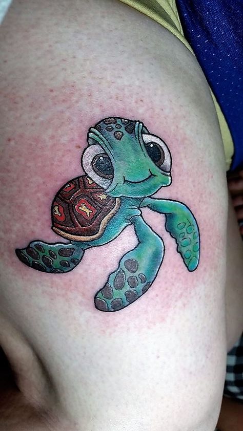 #squirt #findingnemo #dude #color #thightattoo #tattoo #cartoon #turtle #turtletattoo #studio13tattoomg Squirt Turtle Tattoo, Spider Tattoos, Sea Turtle Tattoo, Turtle Tattoo Designs, Marquesan Tattoos, Foot Tattoos For Women, Mens Shoulder Tattoo, Hawaiian Tattoo, Spider Tattoo