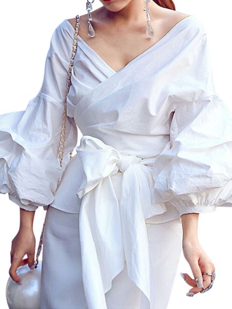 Fashion Usa, Casual Blouse Shirts, White Ruffle Blouse, Mode Abaya, Bubble Sleeve, Blouse Outfit, Loose Tops, Women Shirts Blouse, Casual Blouse