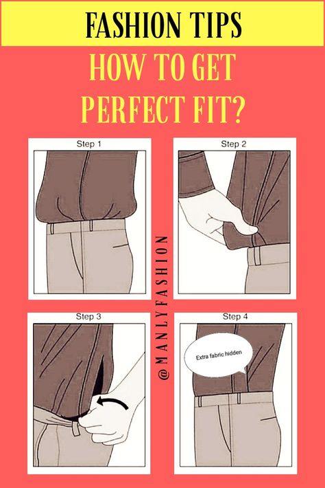 Step by step process of how to tuck in your shirt in a proper way and looks perfect in any outfit. Tuck In Shirt Outfit, Tuck In Shirt, Tucked In Shirt Outfit, Clothes Hacks, Diy Clothes Hacks, Fashion Rules, Shirt Outfit Men, Extra Fabric, Mens Tee Shirts