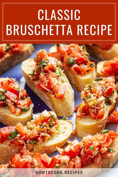 Looking for something simple and fresh to kick off a meal with friends and family? This homemade bruschetta recipe has you covered. With plenty of bold flavors from tomatoes and herbs, you top it onto warm, golden and toasty French bread for a perfect party app or dinner starter that everyone will enjoy! Brusetta Appetizer Recipe, French Bread Bruschetta, Burchette Recipe, Appetizer Recipes Bruschetta, Recipes For Bruschetta, Classic Bruschetta Recipe, Brachetto Bread, Bruchetta Bread Dip, Bruschetta Appetizer Easy