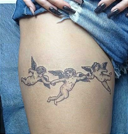 Cherub Above Knee Tattoo, Cherub Tattoo Thigh, Angel Tattoo Thigh, 3 Cherub Angel Tattoo, Three Cherubs Tattoo, Three Angels Tattoo, Knee Tats, Aphrodite Tattoo, Thigh Piece Tattoos