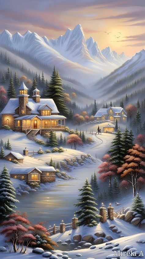 Cer Nocturn, Beautiful Winter Pictures, Beautiful Christmas Scenes, Winter Christmas Scenes, Dream Pictures, Christmas Landscape, Christmas Scenery, Cottage Art, Winter Painting