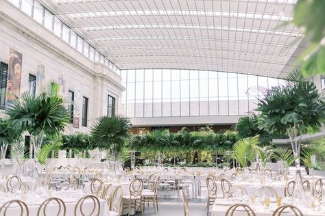 Cleveland Art Museum Wedding, Cleveland Museum Of Art Wedding, Glass Skylight, Tropical Centerpieces, Cleveland Art, Art Museum Wedding, Tropical Greenery, Space Photography, Hand Tied Bouquet