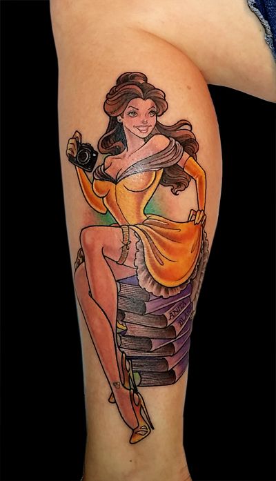 Sexy Disney Belle Beauty and the Beast Pinup Tattoo Picture Disney Pinup Tattoos, Pinup Tattoo Ideas, Pinup Tattoos, Croquis Disney, Birthday Tattoos, Disney Pin Up, Beauty Care Logo, Belle Tattoo, Beast Tattoo