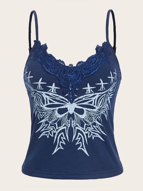 Blue Grunge Tops For Streetwear, Y2k Shopping, Fitted Grunge Blue Top, Blue Distressed Grunge Tops, Blue Printed Cami Top, Blue Lace Cami Top, Skeleton Fashion, Fairycore Butterfly, Halter Tops Outfit