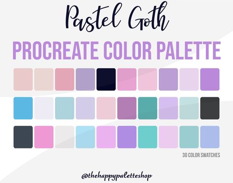 Pastel Goth Color Palette For iPad Lettering and Digital Art! Pastel Goth is a aesthetic procreate color palette great for drawing pastel gothic art.  This palette does not include pure black or white: Dark Colors in this are grey and dark blue. Includes: - 30 colors in the palette  - A (.swatches) file - Procreate Color Palette For iPad or Procreate Pocket Color Palette For iPhone PLEASE NOTE: - You may not redistribute or resell -  You may not claim this as your own FREE MINI PROCREATE PALETTE Pastel Goth Colour Palette, Pastel Halloween Palette, Pastel Goth Painting, Pastel Goth Mood Board, Goth Pastel Aesthetic, Goth Colour Palette, Pastel Goth Aesthetic Art, Pastel Halloween Color Palette, Pastel Goth Color Palette