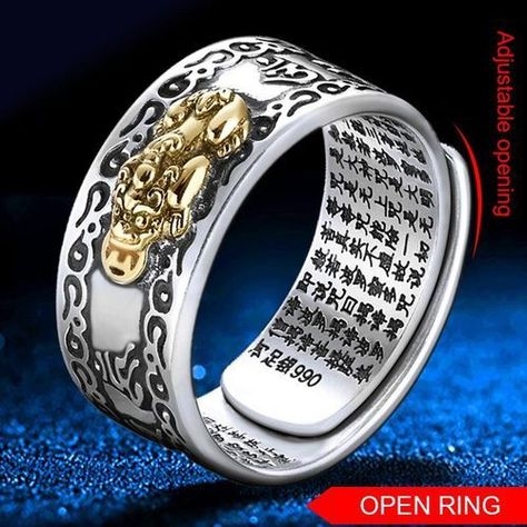 Pixiu Charms Ring Feng Shui Amulet Wealth Lucky Open Adjustable Ring, According Chinese ancient buddhist is believe to attract; Good luck, Wealth and Good fortune. Mantra Ring, Buddhist Jewellery, Symbole Protection, Lucky Jewelry, Om Mani Padme Hum, Rose Ring, 7 Chakras, Charm Rings, Men's Jewelry Rings