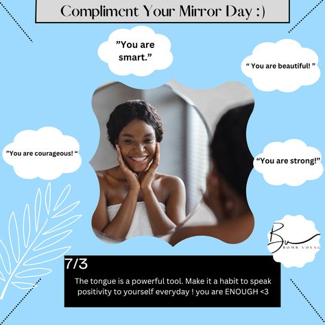 "Mirror, mirror on the wall, it's National Compliment Your Mirror Day! Take a moment to appreciate your reflection and shower yourself with kind words. Embrace your beauty, inside and out. You are amazing, just the way you are! ✨💖" ———————————————————————— #SkincareGoals #SmallSkincareBrand #HealthySkin #GlowingSkin #NaturalBeauty #OrganicSkincare #CleanBeauty #SkincareCommunity #SelfCareSunday #BeautyRoutine Skincare Calendar, You Are Smart, Mirror Mirror On The Wall, Mirror On The Wall, Skin Care Brands, Beauty Inside, You Are Enough, You Are Strong, You Are Amazing