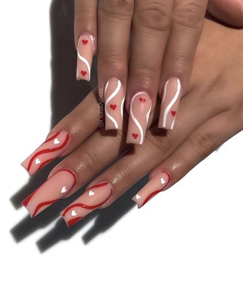 June Acrylic Nails, Valentines Day Looks Outfit, Valentines Day Nails Coffin, Valentine Day Nails, Red And White Nails, Vday Nails, Spain Trip, Nail Board, Red Acrylic Nails