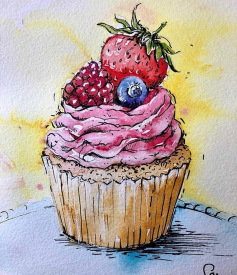 Water Colour Cakes Paintings, Watercolor Cupcake Painting, Watercolour Cake Painting, Watercolour Cupcake, Cupcakes Art Drawing, Cupcake Watercolor, Watercolour Cake, Rainy Day Drawing, Baking Drawing