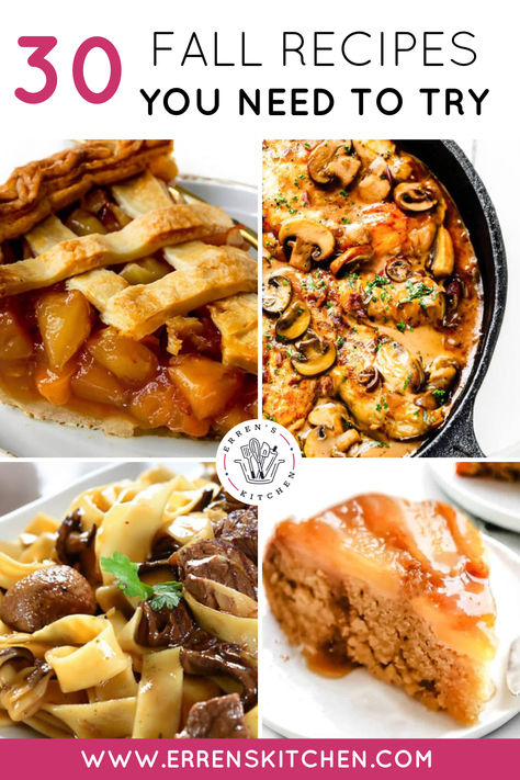 30 of the best Fall Recipes! It’s the perfect time to dive into comforting meals that capture the flavors of autumn. Whether you’re craving savory dishes like slow cooker beef or creamy soups like potato leek, or you’re in the mood for sweet treats like pumpkin pie and apple cake. Get ready to embrace the best of fall with these must-try dishes! Great for October and November! 

Head to errenskitchen.com for easy, delicious, and even quick recipes for breakfast, lunch, dinner, and desserts! Best Fall Recipes, Autumn Meals, Comforting Meals, Creamy Soups, Fall Fun Food, Potato Leek, Seasonal Desserts, Kitchen Skills, Comfort Soup