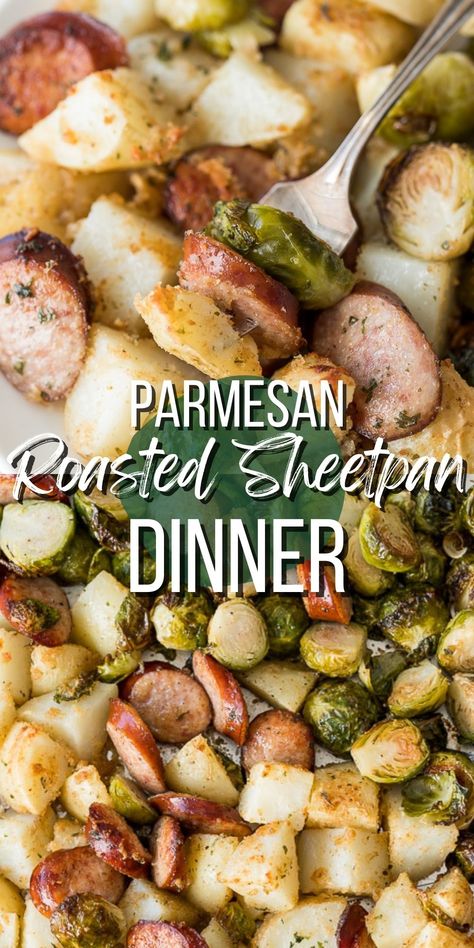 This Parmesan Roasted Sheet Pan Dinner is a complete meal all made on one pan! My kids go crazy for this simple summer dinner recipe! Sheet Pan With Potatoes, Beef Sausage Sheet Pan Dinner, Gluten Free One Pan Dinners, 2 People Meals Recipes, Quick One Pan Dinner, Sheet Pan Dinners For One, Sheet Pan Meals For Two, Summer Sheet Pan Dinner Ideas, Summertime Dinner Ideas