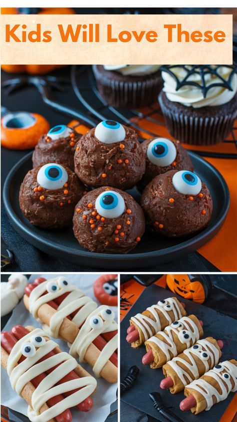 Are you looking for easy Halloween Snacks? Spookiest food snacks are here to make your Halloween party a hit! From ghostly cake#ghost #skeletons #spooky #happyhalloween #halloween #foodie #halloweenweekend #halloweenfood  to monster cupcakes, these fun and simple recipes are perfect for adding a touch of fright to your festivities. Get ready to delight your guests with treats that are as delicious as they are spooky. Happy haunting and happy snacking!"
#happyhalloween #foodie #halloweenfood #hal Eyeball Truffles, Spooky Treats For Halloween, Scary Snacks, Snacks For Halloween, Witch Finger Cookies, Treats For Halloween, Mummy Hot Dogs, Spooky Halloween Desserts, Easy Halloween Snacks