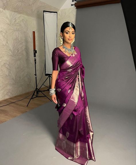 Purple South Indian Saree, Purple Saree Look Traditional Wedding, Silk Saree For Wedding Function, Aesthetic Sarees, Dark Purple Saree, Peach Color Saree, Western Dresses For Women, Peach Saree, Simple Saree Designs