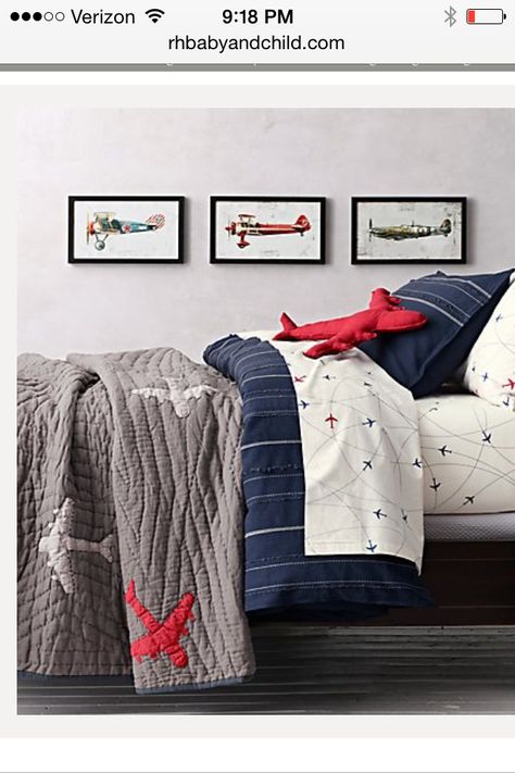 Love this from Restoration Hardware Airplane Bedding, Airplane Bedroom, Airplane Boys Room, Airplane Room, Restoration Hardware Bedding, Baseball Stitching, Stripe Bedding, Boy Rooms, Airplane Decor