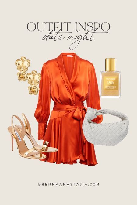 Date night outfit inspiration for summer! Love this orange satin dress paired with gold heels! #LTKFind #LTKSeasonal #LTKstyletip Orange Satin Dress Outfit, Orange And Gold Outfit, Burnt Orange Dress Outfit, Gold Heels Outfit, Orange Dress Outfits, Orange Satin Dress, Satin Dress Outfit, Orange Silk Dress, Outfit Night Club