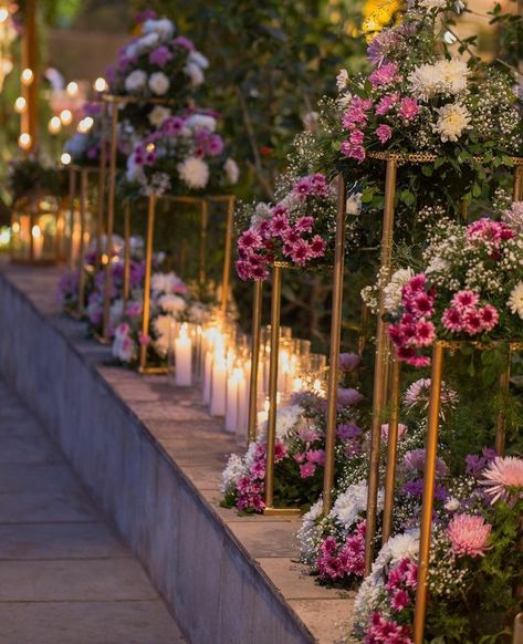 Pathway For Wedding, Reception Passage Decor, Reception Pathway Decor, Wedding Pathway Ideas Outdoor, Sangeet Props, Wedding Entrance Decor Walkways, Pathway Decor Wedding, Wedding Pathway Decor, Indian Wedding Decor Ideas