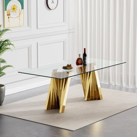 PRICES MAY VARY. ➤【Luxury Marble Dining Table】: This dining table has clear tempered glass top, and stainless steel legs(polished to 8K mirror effect finish), which gives it a modern appearance. Nice Looking, Stable, Beautiful and Durable.Sleek design and contemporary style make it a statement piece that complements any modern decor. ➤【Premium Quality Materials】: Our kitchen table crafted with high-quality materials, including 0.39" thick glass top, unique design stainless steel base,this table Table For Dining Room, Kitchen And Dining Table, Glass Dining Room Table, Dining Table Gold, Gold Dining, Modern Dining Room Tables, Luxury Marble, Marble Dining, Dining Table Marble