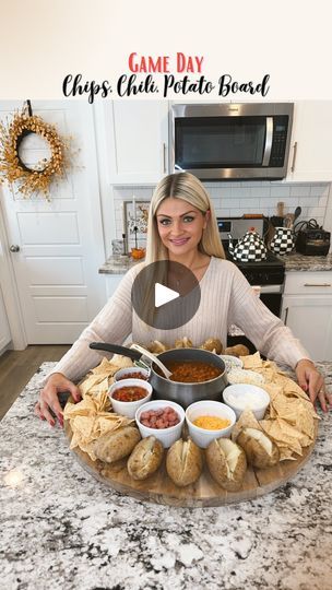 35K views · 1.9K reactions | Football Chips, Chili, & Potato Board! 🏈

Perfect for your next game day, and/or any upcoming fall get together! Great appetizer or meal serving option… I always add a little bit of olive oil and sea salt before baking the potatoes but you don’t have to.

Toppings I used for potatoes :
Cubed ham
Shredded cheddar
Bacon bits
Garlic butter
Sour cream
Blue cheese

For the chips I just added salsa & guac!

You can use canned chili or homemade chili (we always go with homemade)! As far as baking the potatoes I usually do mine at 375 for an hour and 15 mins. If potatoes are really big you may need to up the temp or time! 

Happy Saturday!!! | Cherish Larsen - Seasonal/Holiday Favorites! | lauraelizabethgraham · Original audio Cherish Larsen, Potato Board, Chili Potato, Football Apps, Cubed Ham, Football Recipes, Party Food Bars, Food Bars, Homemade Chili