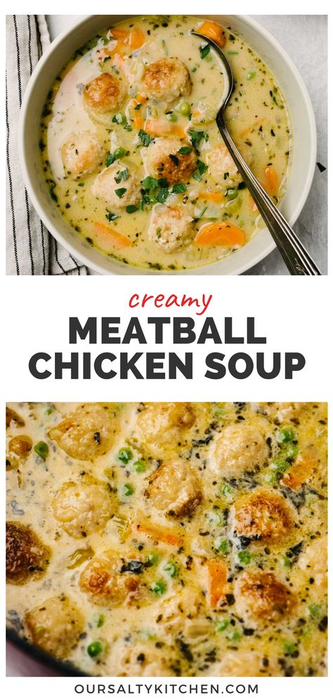 Mini chicken meatballs are the solution to quick homemade chicken soup in under an hour! With peas and a creamy base, this recipe is a mash-up between classic chicken soup and chicken pot pie soup - with way less effort and time! This is a kid-friendly, one pot soup recipe that's destined to become an instant family classic. Meatball Soup Crockpot, Quick Chicken Soup, One Pot Soup, Kid Friendly Soup, Chicken Meatball Soup, Ground Chicken Meatballs, Meatball Soup Recipes, Chicken Meatball, Instant Family