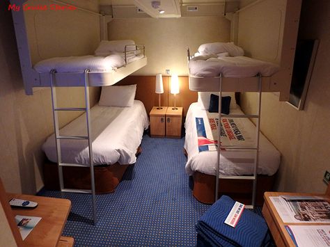 inside cabin with bunks Ship Sleeping Quarters, Ship Interior Design, Underground Room, Cruise Ship Cabins, Carnival Vista Cruise, Badminton Kit, Inside Cabin, Bed Caddy, Cruise Rooms