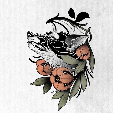 Neo Traditional Raccoon Tattoo, Black And White Neotraditional Tattoos, Neo Trad Animal Tattoo, Neo Realism Tattoo, Wolf Tattoo Outline, Neotraditional Wolf Tattoo, Neo Traditional Wolf Tattoo, Neo Traditional Wolf, Traditional Wolf Tattoo