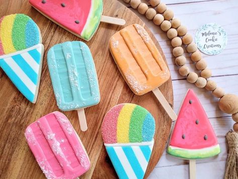 Summer Theme Cookies, Popsicle Sugar Cookies, Popsicle Cookies Decorated, Ice Cream Theme Cakesicles, Popsicle Cookies Royal Icing, Popsicle Sugar Cookies Decorated, Cookie Dough Popsicles, Popsicle Decorated Cookies, Popsicle Cookies