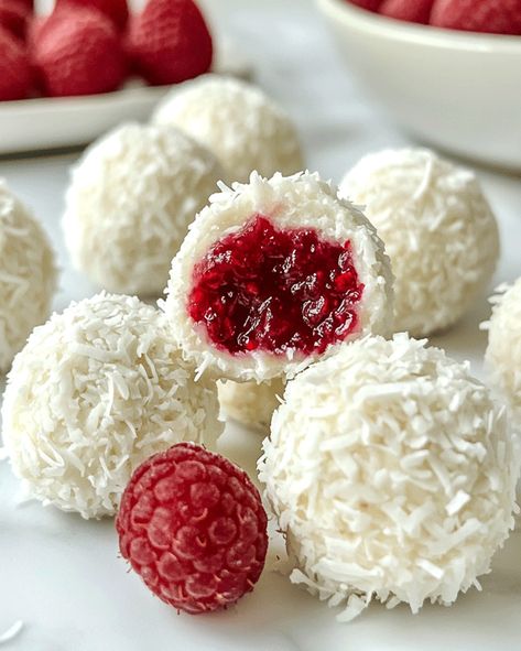 No-Bake Raspberry Coconut Balls – Easy, Delicious Treats Raspberry Coconut Balls, Coconut Balls, Fruity Treats, Raspberry Coconut, Homemade Cupcakes, Fresh Raspberries, Coconut Recipes, Delicious Treats, Easy Delicious