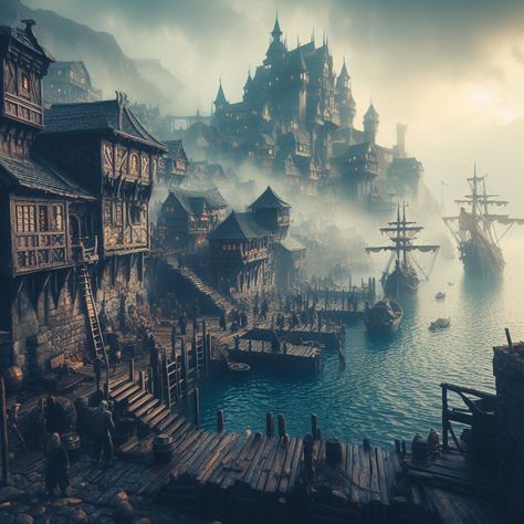 Pirate City Art, Dnd Port City, Coastal City Fantasy Art, Fantasy Port City, Scottish Pirate, Fantasy Port Town, Medieval Port City, Pirate City, Port Aesthetic