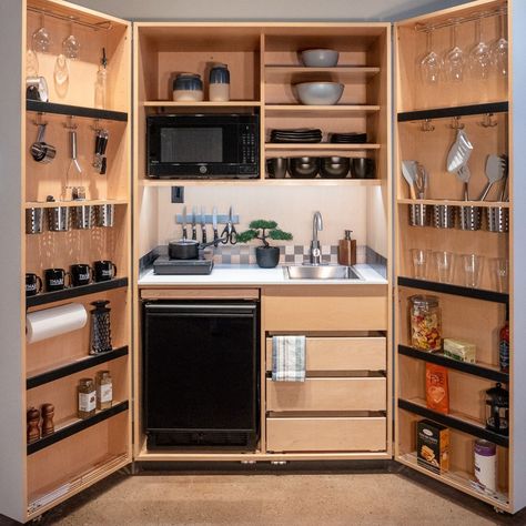 The Armoire Kitchen: Innovative Design for Small Space Living - Living in a shoebox Tiny Apartment Ideas Space Saving, Armoire Kitchen, Tiny House Space Saving Ideas, Micro Kitchen, Tiny Kitchen Design, Senior Living Facilities, Tiny Apartments, Office Guest Room, Studio Living